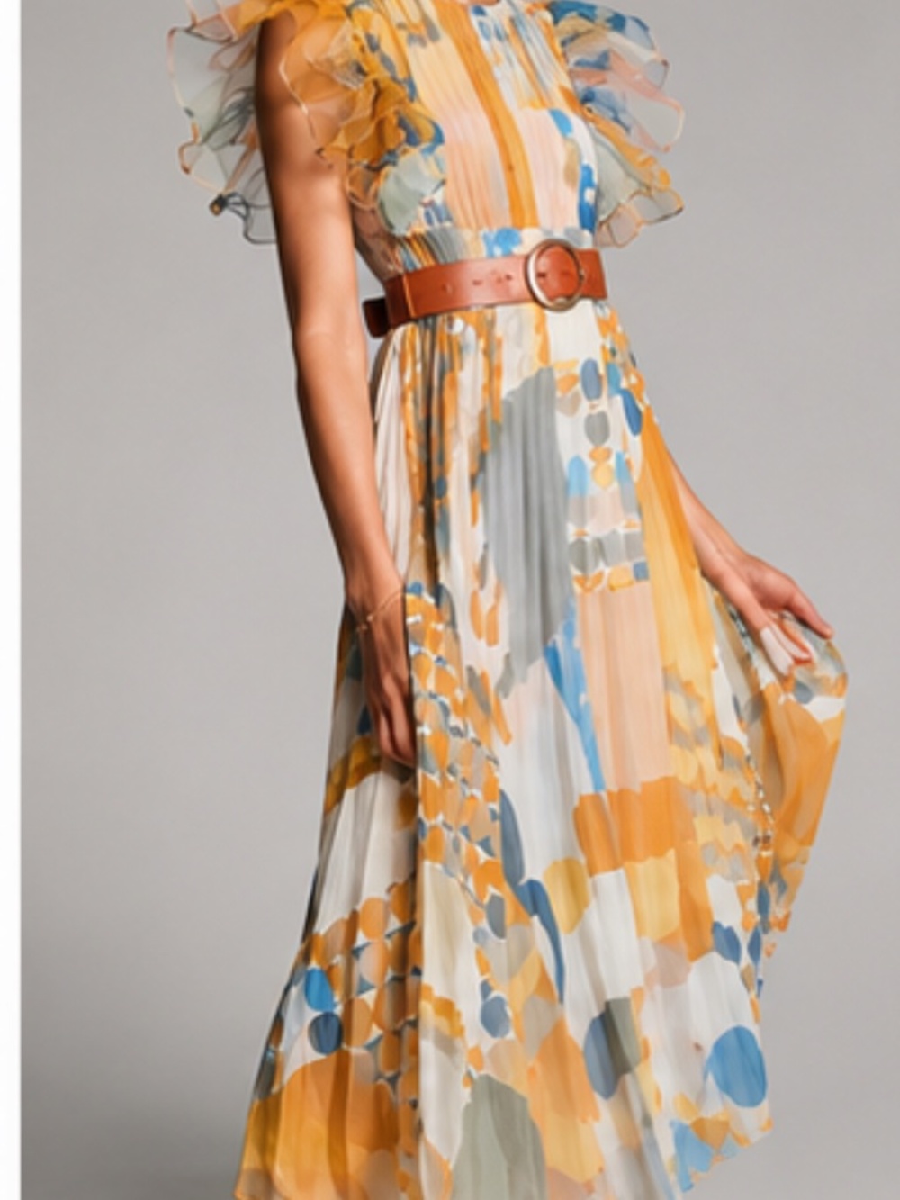 Pankaj & Nidhi Norma Pleated Maxi Dress Anthropologie Ruffle Sleeve - SM